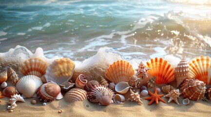 Seashells and Starfish on Sandy Beach with Waves Illustration