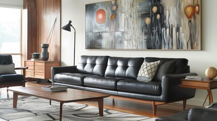 A modern living room with a sophisticated black leather sofa, wooden accent furniture, and a large, abstract painting as the focal point on one wall.