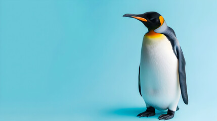 Fototapeta premium Minimalist modern design poster featuring a simple elegant of a penguin in black and white with negative space on a vibrant blue background This image could be used for animal wildlife nature