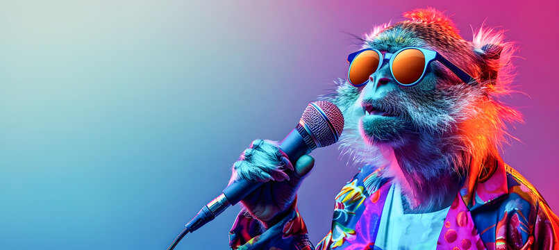 Vibrant surreal of a happy fashionable animal character wearing sunglasses and holding a vintage microphone ready to sing and entertain at a lively colorful karaoke party or music concert