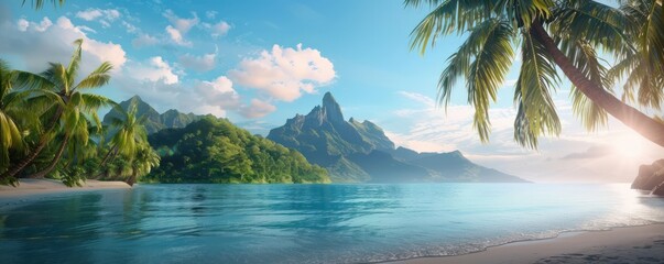 Tranquil Beach Scene with Palm Trees and Lush Mountains, Perfect for Relaxation Backdrop, Tropical Escape, and Peaceful Atmosphere