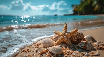 Seashells and Starfish on a Sandy Beach with Ocean Waves - Photo