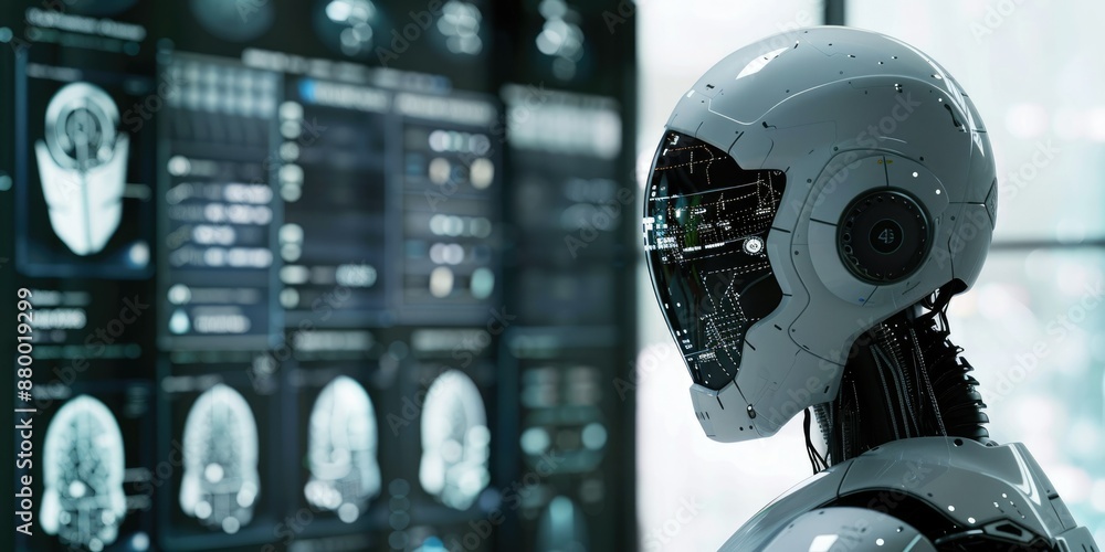 Aufkleber futuristic robot with advanced ai in hightech environment, featuring detailed design and cuttingedge