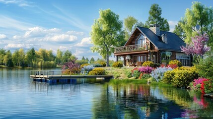 Fototapeta premium A picturesque lakeside cottage with a charming dock, colorful flowers, and a serene reflection on the water.