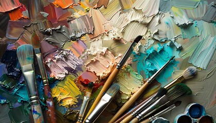 Fototapeta premium Colorful paint brushes and palette with oil paint.