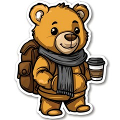 Obraz premium cartoon bear with scarf and coffee cup sticker, white background, simple Q version of the cartoon character stickers