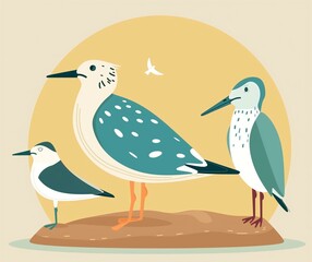 Obraz premium Colorful Illustration of Three Birds with Retro Design Concept for Nature Lovers