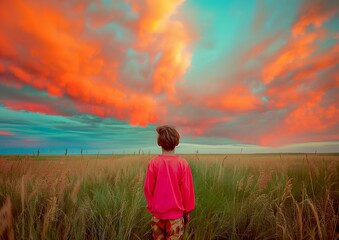 Fototapeta premium Romantic Sunset Over Prairie With Child in Red Shirt: Abstract Photography Background.