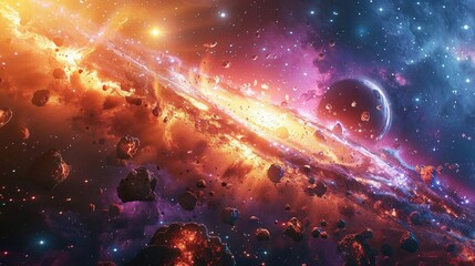 Obraz premium Cosmic Collision: A Colorful Nebula with Asteroids, Stars, and a Distant Planet Illustration