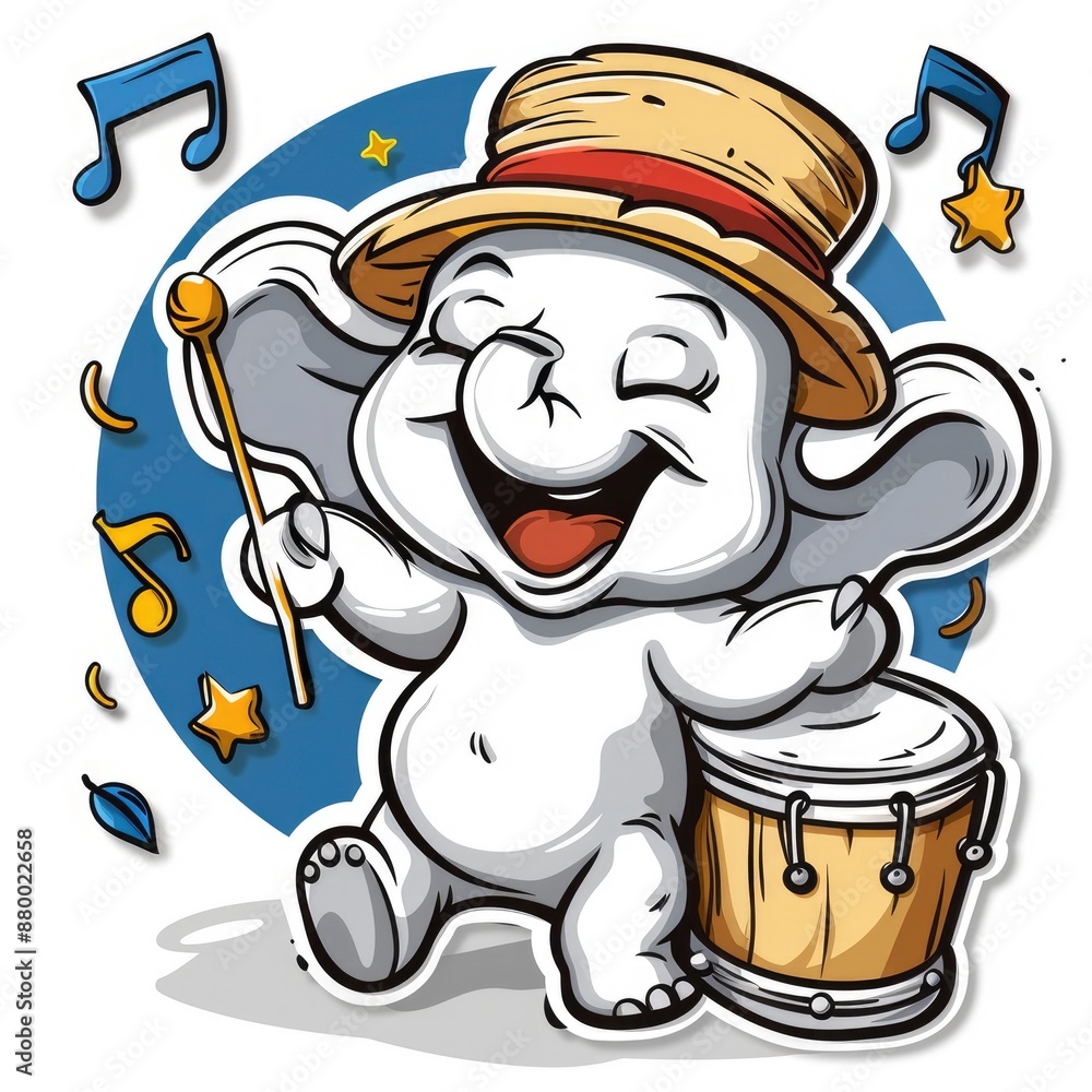 Wall mural  cartoon elephant with tambourine and smile sticker, white background, simple Q version of the cartoon character stickers