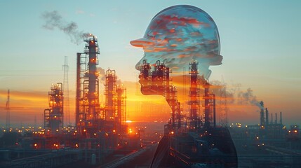 A creative double exposure photograph merging the silhouette of a human head with an industrial landscape.