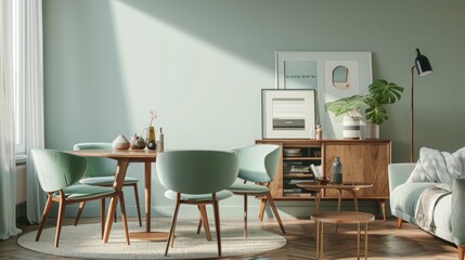 A Scandinavian mid-century modern living room with mint color chairs around a round wooden dining table, a cozy sofa, and a sleek cabinet near a pastel green wall.