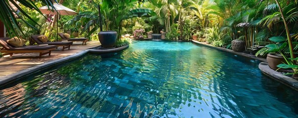 Tranquil swimming pool surrounded by lush tropical greenery.