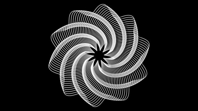 looping rotation animation of circular geometric decagon shape from multiple lines generated from mathematical equation with dark black background	