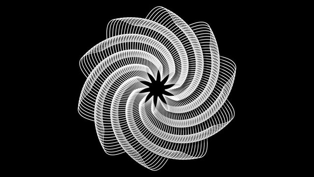 looping rotation animation of circular geometric decagon shape from multiple lines generated from mathematical equation with dark black background	