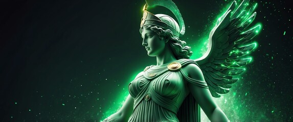 greek goddess athena statue with green light trail effect futuristic particles background design backdrop