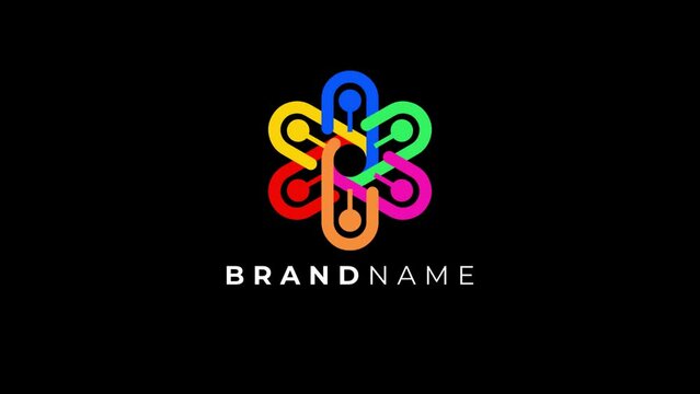 simple logo animation motion of connected interlocked six different color chains links human figure
