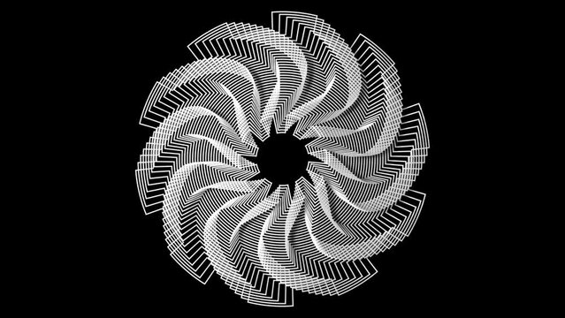 looping rotation animation of circular geometric decagon shape from multiple lines generated from mathematical equation with dark black background	