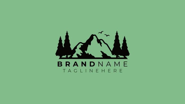 logo animation of simple flat monochrome modern minimalist logo of mountain outdoor exploration activities with pine trees and birds