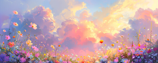 Sky background with colorful flowers. Big clouds summer sky illustration 
