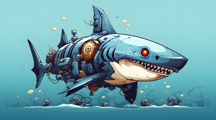 Naklejka premium Robotic Shark illustration Flat vector, Generative AI