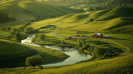 Obraz premium A serene countryside estate with rolling hills, a winding river, and a picturesque red barn in the distance.
