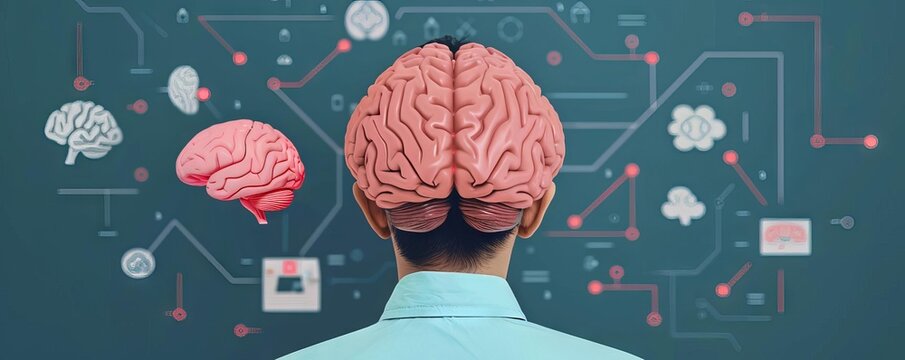 Person with a brain model on head looking at a digital circuit board.