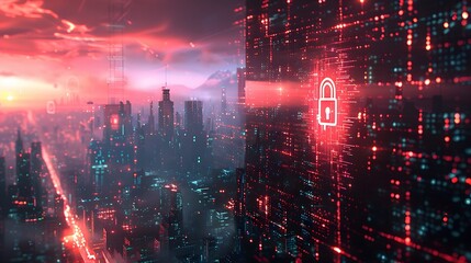 Fototapeta premium A high-tech cityscape featuring holographic data and a lock symbol, depicting urban data security.