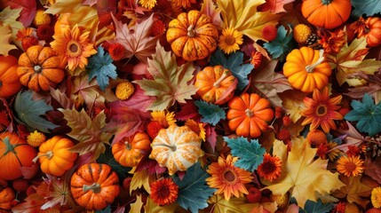 Fototapeta premium Fall Harvest Decor with Pumpkins Flowers and Leaves