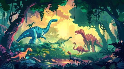 Illustration of Various Dinosaurs in a Prehistoric Setting