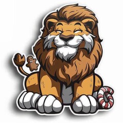  cartoon lion with gingerbread man and candy sticker, white background, simple Q version of the cartoon character stickers