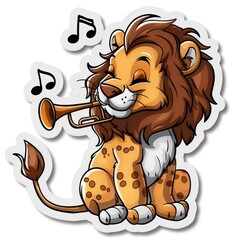 Naklejka premium cartoon lion with trumpet and music stand sticker, white background, simple Q version of the cartoon character stickers