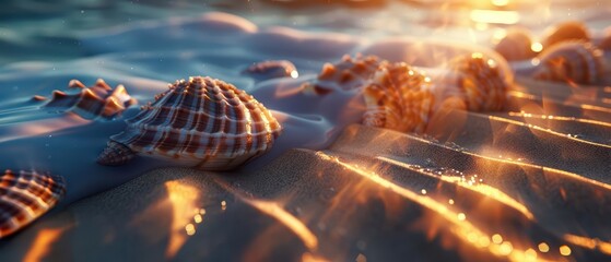 A supernatural beachscape where electric shells pulse with energy, casting radiant beams that transform the sand into a digital wonderland with copy space, high tech