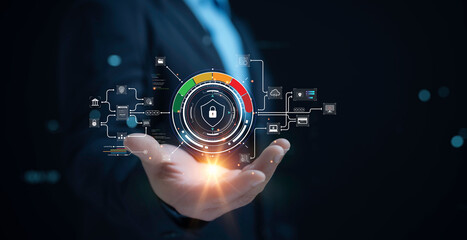 Person with security level representing secure access and encrypted connection with password-protected system and storage, illustrating cybersecurity technology and data protection on internet