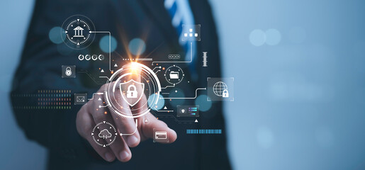 Person touches virtual shield, representing secure access and encrypted connections, with...