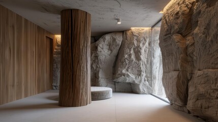 A supernatural home where furniture and fixtures are crafted from enchanted wood and stone, integrating natural elements with futuristic innovations with copy space, high tech