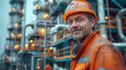 A professional engineer wearing a safety helmet and reflective jacket stands at an industrial facility with complex steel structures in the background.