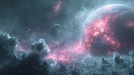 Obraz premium Pink Nebula And Glowing Planet In Space - 3D Illustration