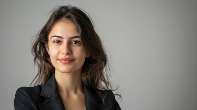 An elegant portrait of a confident young woman presenter against a plain background, highlighting her charm and ability to connect with the audience