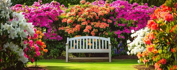 White bench surrounded by colorful flowers in a lush garden.