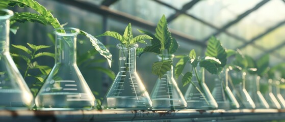 A surreal greenhouse where plants grow in beakers and flasks, blending scientific innovation with natural growth with copy space, high tech