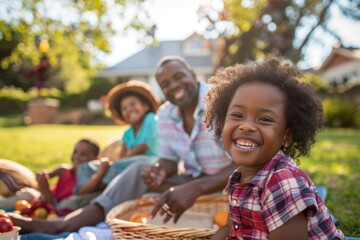 Fototapeta premium Family enjoying a picnic in the yard, parents watching kids play and everyone laughing and having fun