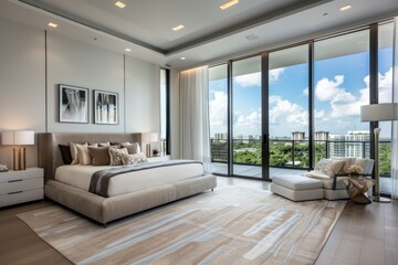 Fototapeta premium Modern bedroom with clean lines, neutral colors, and large floor-to-ceiling windows