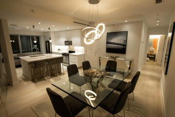 Stylish dining area with a glass table, modern chairs, and a statement light fixture