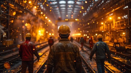 Fototapeta premium A worker clad in protective gear stands amidst flying sparks at a metallurgical plant, with colleagues walking in the background within an industrial setting.