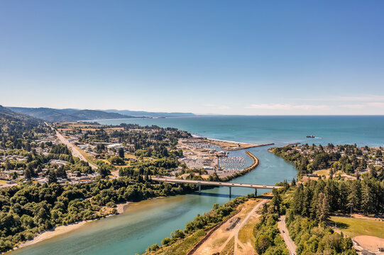 Aerial View of Chetco River Bridge and Harbor in Brookings, Oregon