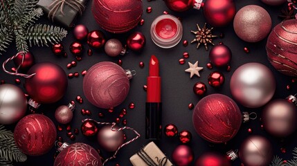 Festive makeup and Christmas toys seen from above featuring red lipstick and eye shadow Embracing the idea of New Year s Eve