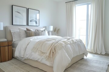 Elegant white bedroom featuring cozy decor and minimalistic style