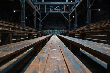 Fototapeta premium An enchanted arena where the old wooden bleachers transform into interactive digital screens, displaying historical replays alongside current matches with copy space, high tech
