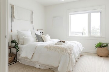 Minimal white bedroom with cozy textures and simple design